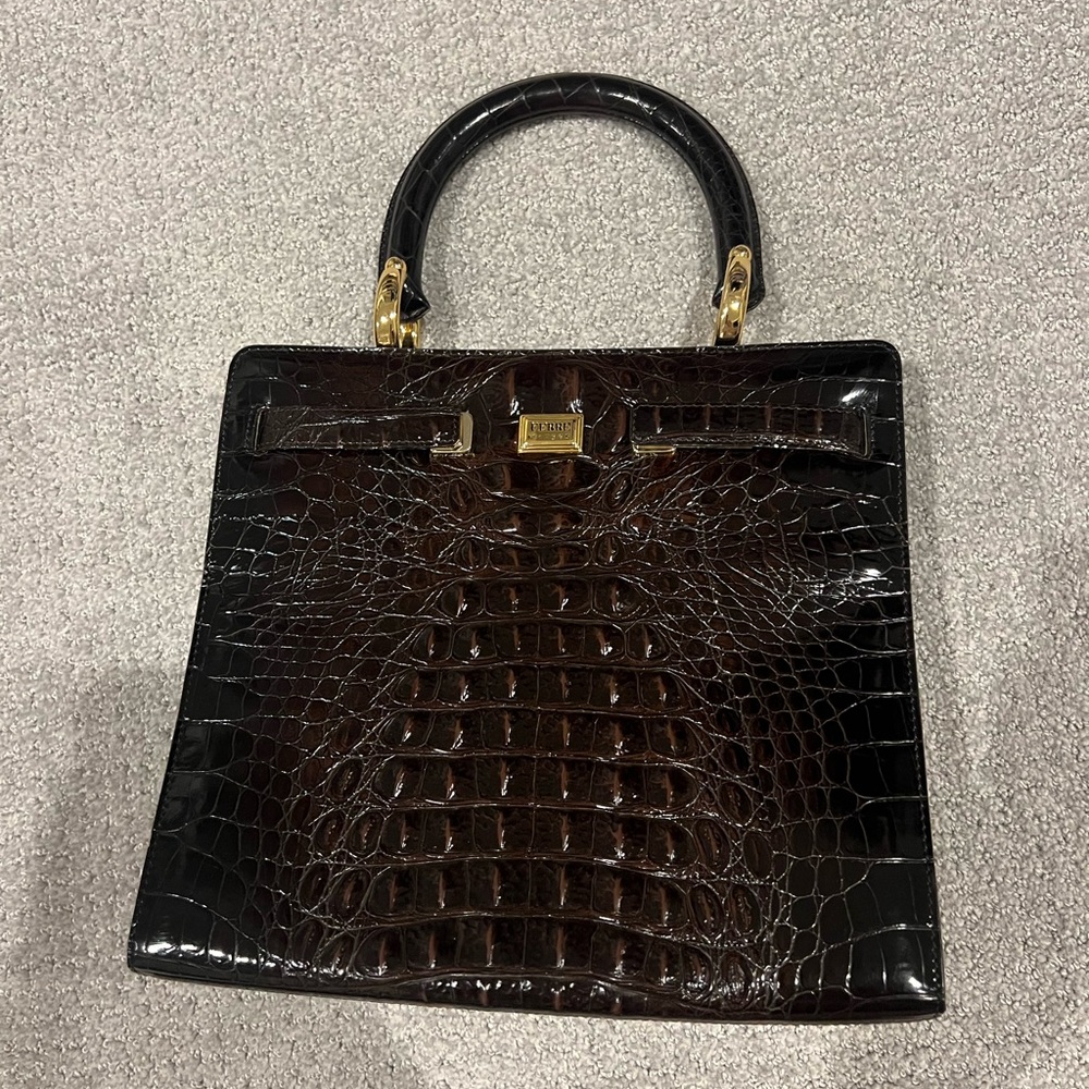 Gianfranco Ferre Dark Brown Crocodile Embossed Satchel with Gold Hardware